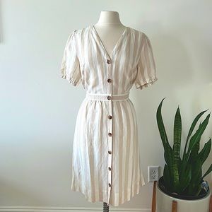 Loft Khaki White Striped Linen Blend Dress w/ Pockets Size 12 NWT